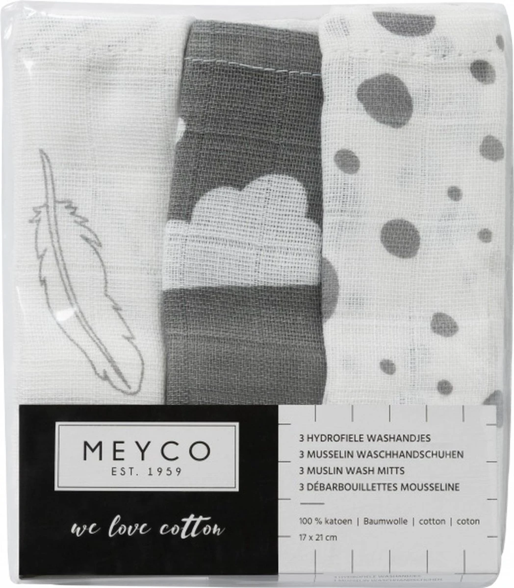Meyco Hydrofiele Washandjes 3-pack - Feathers-Clouds-Dots - Grijs/Wit 5 Meyco Hydrofiele Washandjes 3-pack - Feathers-Clouds-Dots - Grijs/Wit - Afbeelding 3