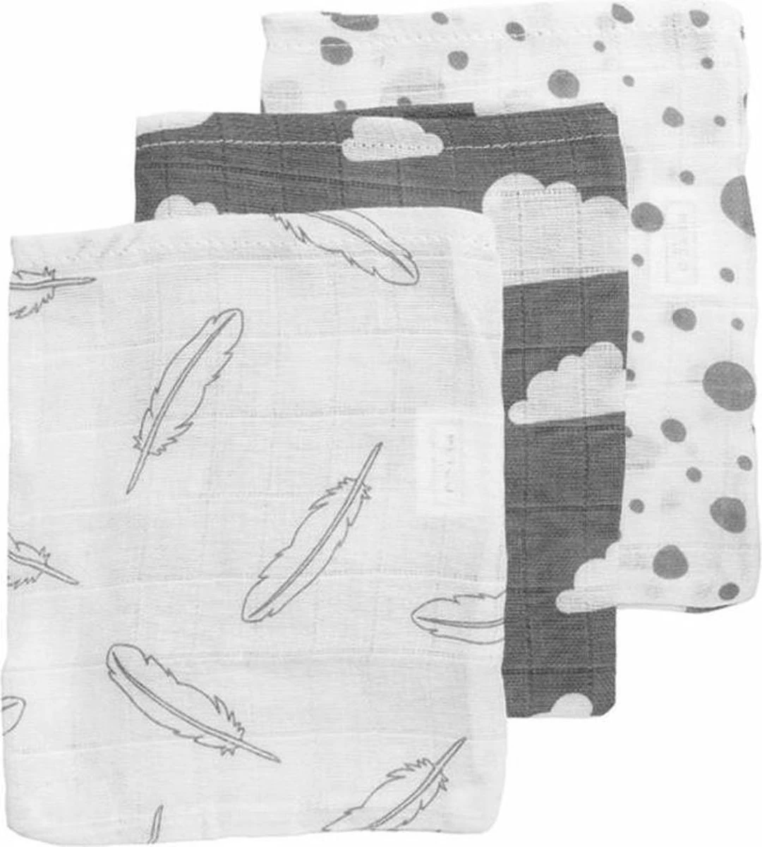 Meyco Hydrofiele Washandjes 3-pack - Feathers-Clouds-Dots - Grijs/Wit 3 Meyco Hydrofiele Washandjes 3-pack - Feathers-Clouds-Dots - Grijs/Wit