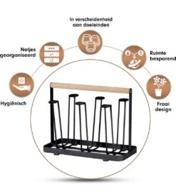 Flessenrek - Droogrek Babyfles - Flessen Rek Baby - Flessendroogrek - Afdruiprek - Afwasrek - Flessenrekje - Lekbak - Égouttoir - Zwart Met Houten Handvat - Vetalo -Peuterpaleis Winkel 1085x1200 2