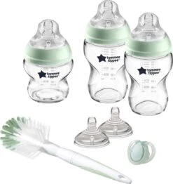 Tommee Tippee Closer To Nature - Glazen Flessen Starterpakket Voor Pasgeboren Baby's - Tepelspenen Met Anti-koliek Ventiel - Gemengde Maten - Doorzichtig - Groente
