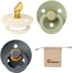 Bibs Dental Fopspenen Anatomical 0-6 Maanden- Set 3 Stuks- Sage, Iron En Ivory - + Monkiezz Speenzakje - Orthodontisch- Anatomisch- Maat 1
