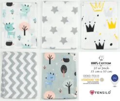 Spuugdoekjes – Monddoekjes – 10 Pack - Flanellen Doeken - Monddoekje 35x50cm – 100% Katoen – Fensilo – Spuugdoek Unisex – Wit – Dieren - Grijs - Flanellen Luiers -Peuterpaleis Winkel 1200x1011 4