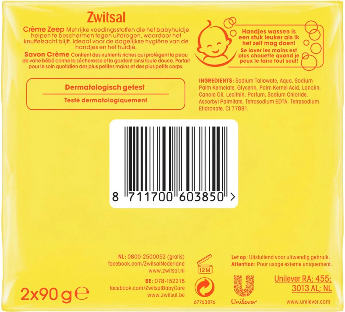 Zwitsal Crème Zeep - 2 X 90 G - Baby 6 Zwitsal Crème Zeep - 2 X 90 G - Baby - Afbeelding 4