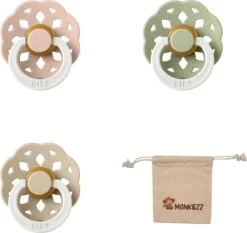 BIBS Boheme Fopspeen Set | Maat 1 0-6 Maanden | Set 3 Stuks + MONKIEZZ® Speenzakje | Glow In The Dark Blush, Sage, Vanilla