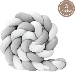 Bedbumper - Bedomrander - Bedbumper Ledikant - Bedbumper Gevlochten - Boxomrander - Babykamer Accessoires - 3 Meter - Katoen - Grijs/wit