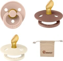 Bibs Dental Fopspenen Anatomical 6-18 Maanden- Set 3 Stuks- Blush, Ivory En Woodchuck - + Monkiezz Speenzakje - Orthodontisch- Anatomisch- Maat 2