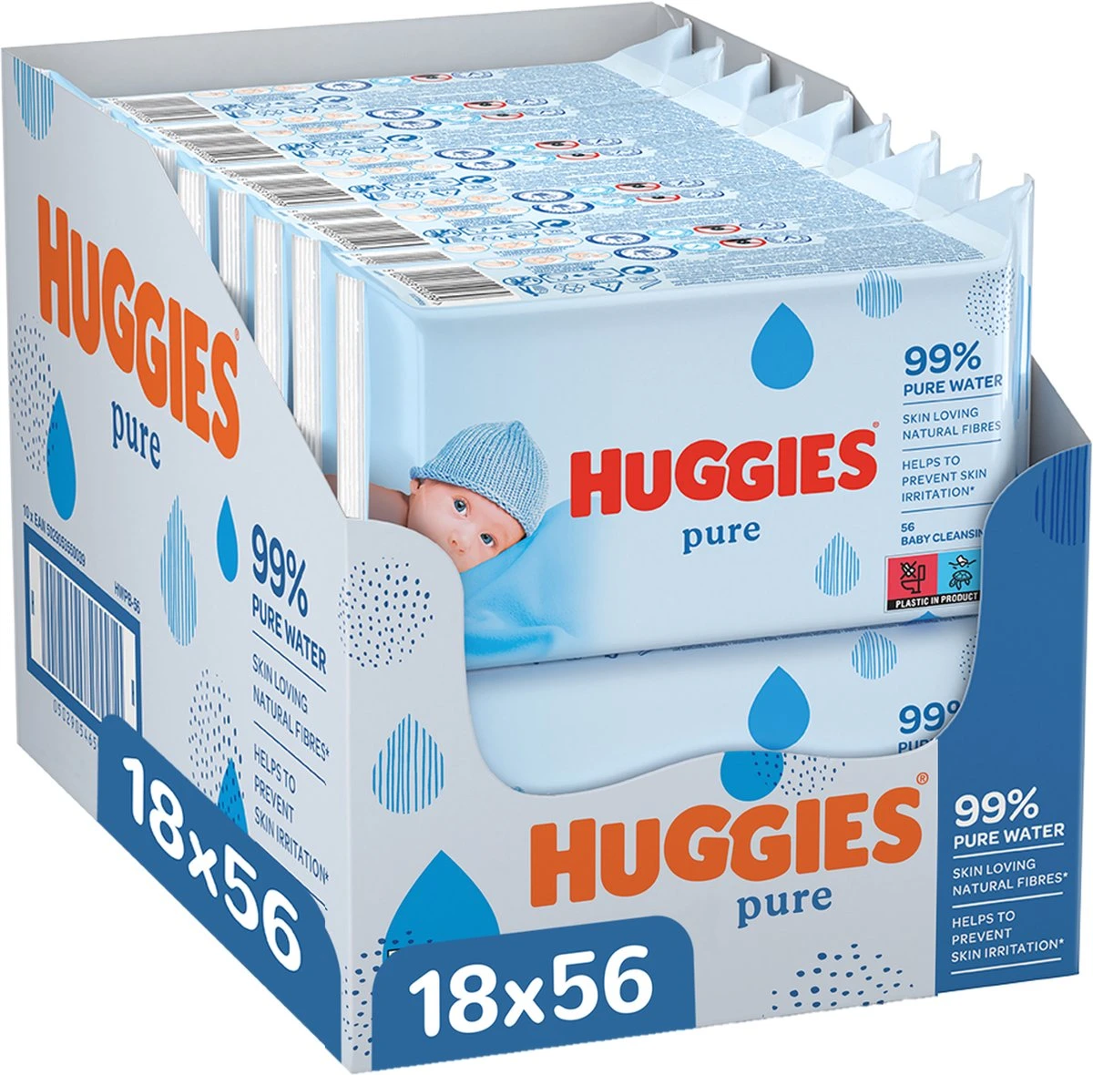 Huggies Billendoekjes - Pure 99% Water - 18 X 56 Stuks - 1008 Doekjes - Voordeelverpakking 3 Huggies Billendoekjes - Pure 99% Water - 18 X 56 Stuks - 1008 Doekjes - Voordeelverpakking