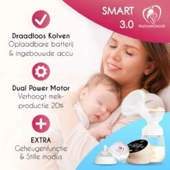 NurtureGoods Dual Efficient Borstkolf - Smart 3.0 - Vernieuwd 2023 Model - Draadloze Dubbele Elektrische Borstkolf - Oplaadbare Accu - Inclusief 2x180 Ml Babyfles, Kolfdagboek En Speen -Peuterpaleis Winkel 1200x1200 1543