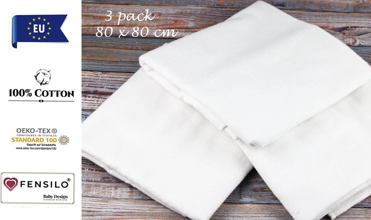 Flanellen Luiers - 3 Pack - 80cm X 80cm - Wit - FENSILO 4 Flanellen Luiers - 3 Pack - 80cm X 80cm - Wit - FENSILO - Afbeelding 2
