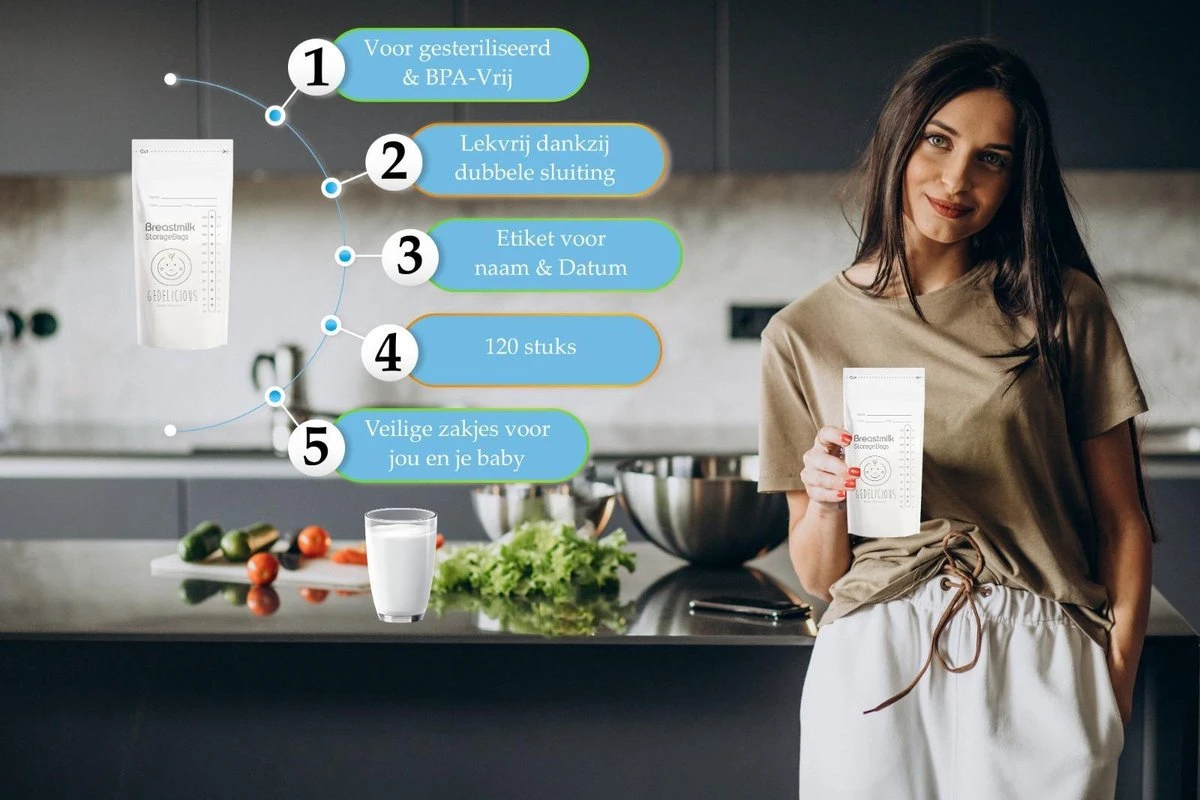 Moedermelk Bewaarzakjes Voor Borstvoeding En Babyvoeding - Gedelicious- 120 Stuks - 220 ML - Anti Lek - BPA Vrij - Gemakkelijk Te Openen - Dubbele Sluiting- Nieuwe Versie (2023) 7 Moedermelk Bewaarzakjes Voor Borstvoeding En Babyvoeding - Gedelicious- 120 Stuks - 220 ML - Anti Lek - BPA Vrij - Gemakkelijk Te Openen - Dubbele Sluiting- Nieuwe Versie (2023) - Afbeelding 5
