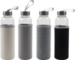 Glazen Fles - To Go - Inclusief Hoes - 500 ML - 4 Stuks