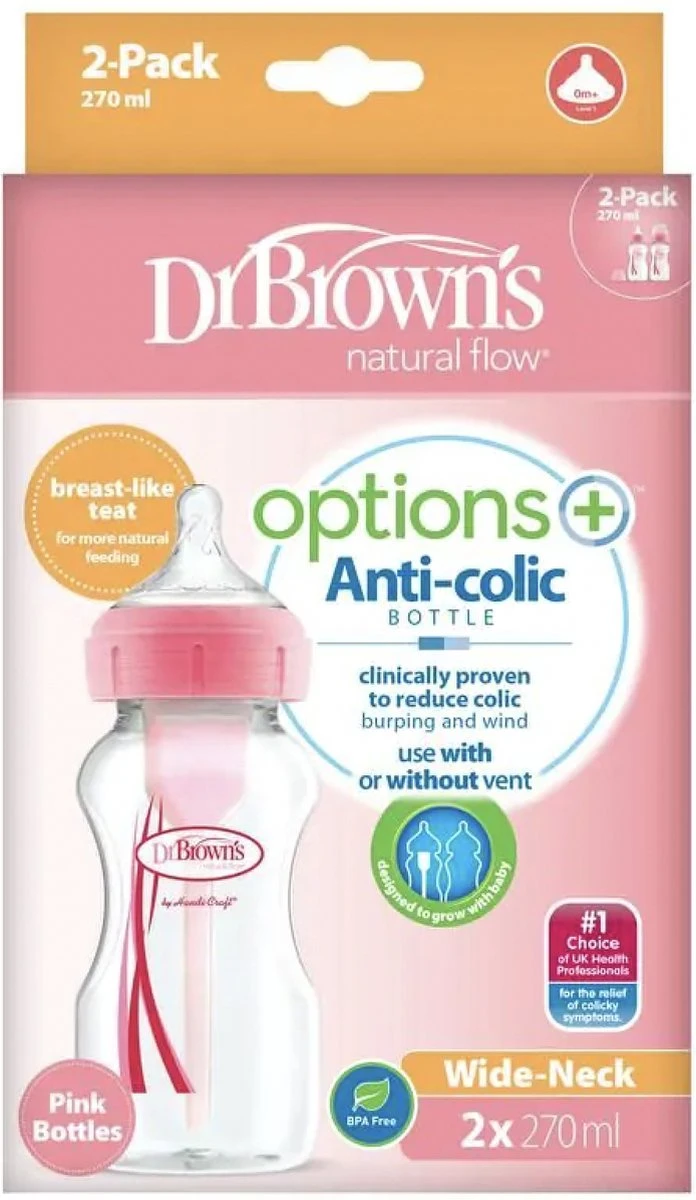 Dr. Brown's Options+ Anti-colic Bottle Brede Hals Fles - 270 Ml - Duopack Roze 4 Dr. Brown's Options+ Anti-colic Bottle Brede Hals Fles - 270 Ml - Duopack Roze - Afbeelding 2